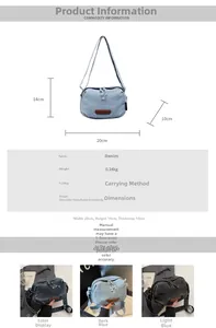 Detailed view of denim crossbody bag dimensions 20x14x10cm and multi-color options