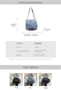 Specifiche dettagliate sulle dimensioni per borsa a tracolla denim minimalista 20x16x9cm