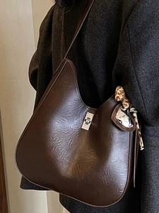 Deep brown oversized retro shoulder bag with leopard scarf and heart charm