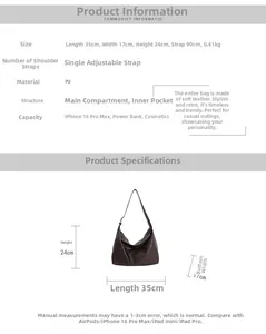 Detailed technical diagram showing large brown PU leather hobo bag dimensions and capacity