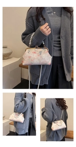 Detailed views of a Chinese style floral evening bag with pearl handle and chain strap
