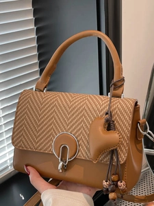 Women's Vintage PU Leather Small Square Bag With Herringbone Pattern Patchwork Shoulder Bag Heart Charm Metal Lock Handbag