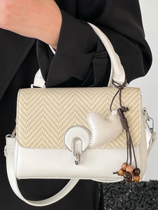 Fashionable beige woven and white faux leather crossbody bag with wooden beads decoration