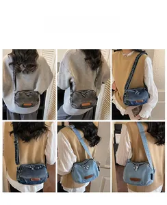 Collage of model wearing denim crossbody shell bag in black, dark blue and light blue