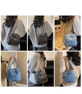 Dettaglio borsa a tracolla in denim da donna con tracolla regolabile e tasche multiple