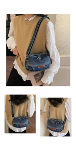Multiple views of a blue denim crossbody bag with adjustable strap and logo detail