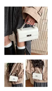 Detailed views of a white leather crossbody handbag featuring a silver twist lock closure