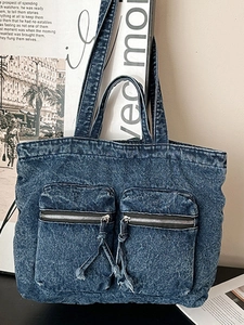 Retro dark blue denim tote bag with functional front zippers and double handles