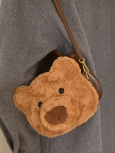 Cute brown plush bear-shaped crossbody bag for women with soft faux fur texture