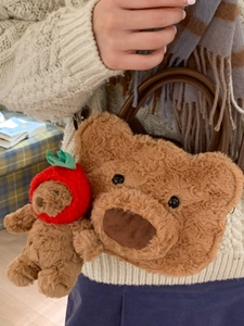 Cute brown plush teddy bear handbag with mini red hoodie bear charm for winter fashion