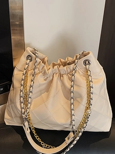 Women Quilted Bucket Bag PU Leather Large Drawstring Shoulder Bag With Heart Star Artificial Pearl Pendant Korean Commute Bag