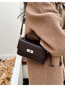 Detail showing deep brown leather crossbody bag with silver buckle and top handle