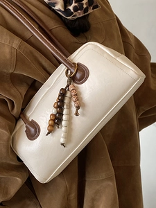 Cream retro shoulder bag with wooden beads tassel and brown strap for women