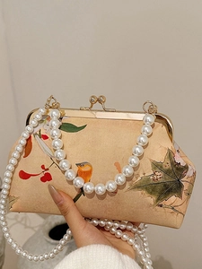 Vintage Chinese Style Embroidery Satin Evening Bag Elegant Flower Kiss-lock Handbag With Artificial Pearl Chain For Women