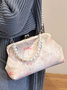 Floral embroidery frame bag with pearl handle and lotus tassel for Hanfu style