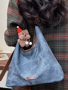 Vintage gray-blue large canvas tote bag with festive bear charm and leather patch