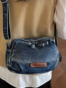 Retro washed blue denim crossbody bag with adjustable strap and double zipper design