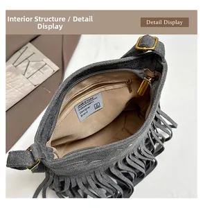 Interior view of grey suede shoulder bag showing fabric lining and zippered pocket