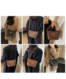 Detailed views of quilted leather shoulder bag with gold chain and circular clasp