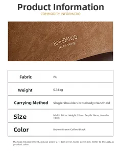 Detailed size specifications and brown PU leather texture of the minimalist shoulder bag