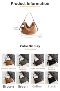 Detailed view of vintage minimalist shoulder bag with dimensions and pompom tassel detail