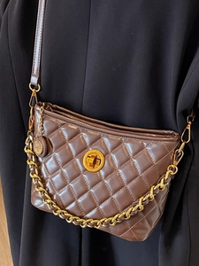 Quilted dark brown shoulder bag with gold chain and turn-lock for women in vintage style