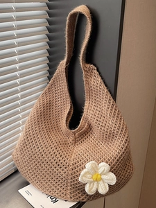 Korean Style Knitted Large Capacity Tote Bag For Women Vintage Crochet Hobo Shoulder Bag With Daisy Flower Decor Casual Bag