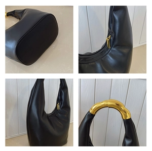 Detailed four-view display of a black hobo bag with a chunky gold metal handle and zipper
