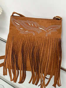 Sac à Épaule en Tissu Texture Daim Bohème Rétro pour Femme Avec Broderie de Plumes et Longues Franges Sac Seau