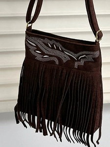 Sac seau vintage en daim marron avec broderie bohème, franges et bandoulière réglable