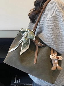 Retro dark green matte leather tote bag with silk scarf and cute puppy pendant