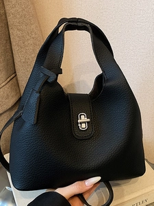 Women Minimalist PU Leather Lychee Pattern Bucket Bag Vintage Elegant Shoulder Crossbody Bag Magnet Snap Large Handbag Daily Use