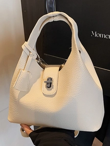 Chic white lychee grain bucket handbag with silver twist lock and leather charm