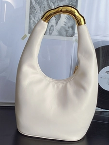 Women Fashion PU Leather Underarm Bag Asymmetric Gold Metal Handle Crescent Hobo Bag Commuter Simple Handbag For Ladies