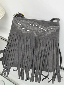 Bohemian Faux Suede Tassel Shoulder Bag For Women Vintage Leaf Embroidery Bucket Bag Ethnic Style Fringe Crossbody Bag