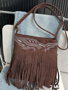 Vintage brown frosted suede crossbody bag with elegant fringe and embroidery details