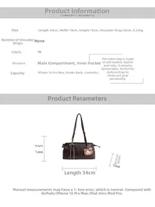 Detailed dimension guide for dark brown PU leather tote bag with 34x10x18cm measurements