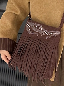 Vintage brown suede fringe crossbody bag with intricate embroidery for women