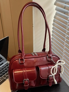 Vintage Shiny PU Leather Underarm Bag For Women Multi Pocket Shoulder Bag Retro Bowling Handbag With Artificial Pearl Bow Pendant
