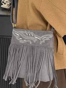 Gray suede crossbody bag with vintage embroidery and boho tassels for women