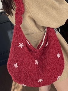 Furry red shoulder bag with pink stars and metal zipper for women's fashion outfits