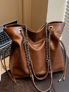 Women Retro Large Capacity PU Leather Tote Bag With Splicing Chain Strap Urban Minimalist Commuter Shoulder Bag New Winter