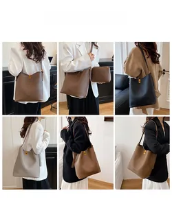 Detailed views of leather bucket bags in various colors with elegant gold lock hardware