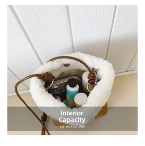 Top view showing the internal capacity of the fleece bucket bag with daily essentials