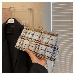 Close-up of glitter tweed seashell bag with golden circular handle and chain strap