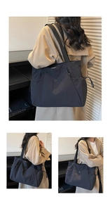 Three-angle lifestyle view of a large black tote bag featuring drawstring side pockets