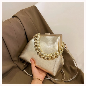 Detail of champagne gold chain handbag with litchi texture and metal frame closure
