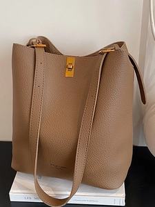 Women's Vintage Minimalist PU Leather Pebbled Bucket Bag Large Capacity Commuter Shoulder Crossbody Bag Metal Lock Detail