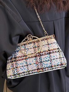 Colorful sequin shell evening bag with golden round handle and metal chain strap