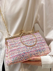 Pink sequin shell evening bag with gold ring handle and rhinestone chain strap for women